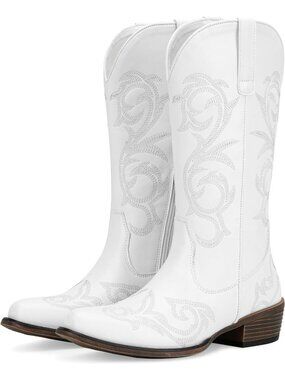 Women's White Western Cowboy Boots Mid Calf Embroidered Low Chunky Heel
